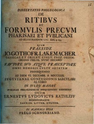 Diss. philol. de ritibus et formulis precum Pharisaei et Publicani