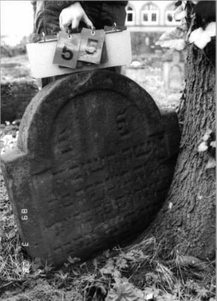 Grabstein 55 (Index: 99792111) Material: Sandstein Zustand: leicht verwittert, Stele eingesunken und direkt hinter einem Baum stehend Maße HxBxT: 67x64x13 cm Beschreibung: Stele, eingezogener Rundbogenabschluß, Schriftfeld eingetieft: Grabstein 55
