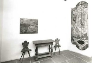 Hartenstein-Stein. Museum Burg Stein. Ausstellung zu Leben und Werk des Dichters Paul Flemming. Raumaufnahme mit der tafel des Heiligen Abendmahls (1501/1600) aus der Stadtkirche Hartenstein