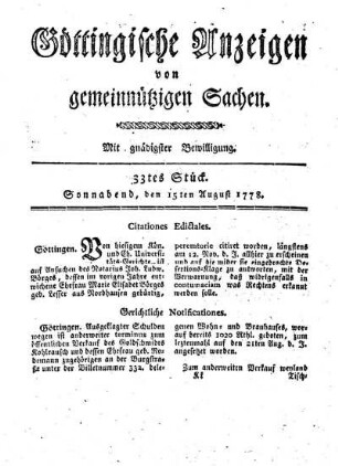 33tes Stück. Sonnabend, den 15ten August 1778.