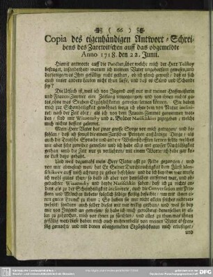 Copia des eigenhändigen Antwort-Schreibens des Zarewitschen auff das obgemeldte Anno 1718. den 22. Junii