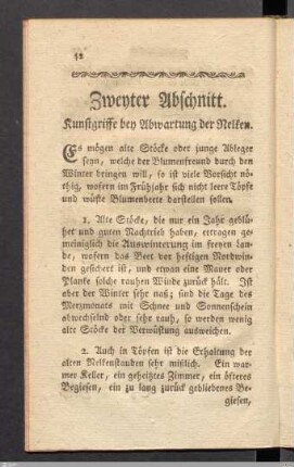 Zweyter Abschnitt. Kunstgriffe bey Abwartung der Nelken.