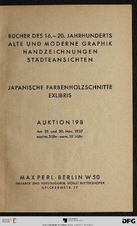 Bücher des 16. - 20. Jahrhunderts, alte und moderne Graphik, Handzeichnungen, Städteansichten, japanische Farbenholzschnitte, Exlibris : am 29. und 30. Nov. 1937 (Katalog Nr. 198)