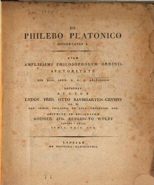 De Philebo Platonico dissertatio I.