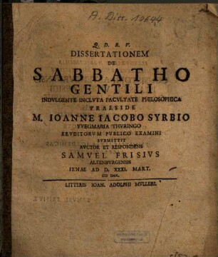 Dissertationem De Sabbatho Gentili
