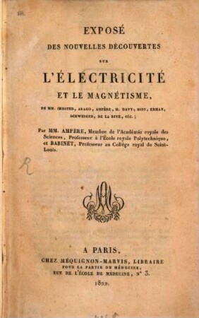 Exposé des nouvelles découvertes sur l'électricité et le magnétisme de Oersted, Arago ...