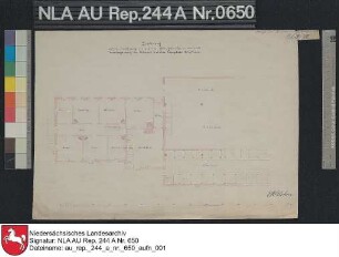 Grundriß vom Wohnhaus der Domäne Schafhaus bei MOORWEG Kolorierte Zeichnung von NN. Papier Format 38,8x27,8 M 1:161