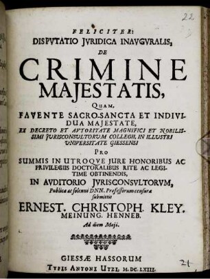 Disputatio Iuridica Inauguralis, De Crimine Maiestatis