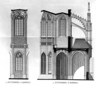 Aufriss zweier Fenster und Schnitt durch das Langhaus von Sankt Barbara in Kuttenberg