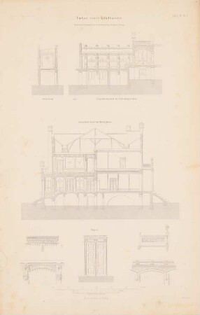 Umbau eines Landhauses: Längsschnitt, Querschnitte, Details (aus: Atlas zur Zeitschrift für Bauwesen, hrsg. v. G. Erbkam, Jg. 7, 1857)