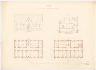 Wirtschaftsgebäude, Groß Münche: Grundriss EG und KG, Vorderansicht, Querschnitt