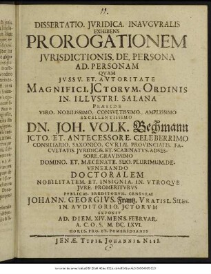 Dissertatio. Iuridica. Inauguralis Exhibens Prorogationem Iurisdictionis. De. Persona Ad. Personam