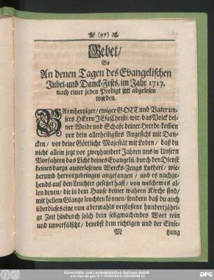 Gebet, So An denen Tagen des Evangelischen Jubel- und Danck-Fests, im Jahr 1717. nach einer jeden Predigt soll abgelesen werden.