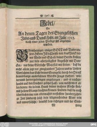 Gebet, So An denen Tagen des Evangelischen Jubel- und Danck-Fests, im Jahr 1717. nach einer jeden Predigt soll abgelesen werden.