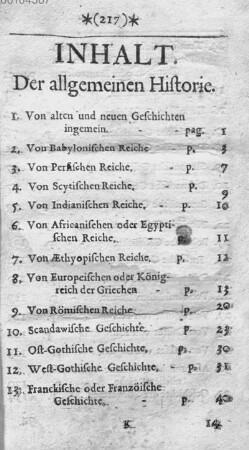 Inhalt. Der allgemeinen Historie