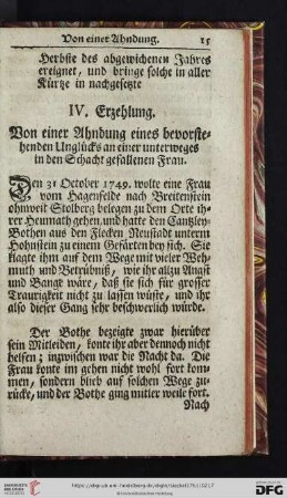 IV. Erzehlung: Von einer Ahndung eines bevorstehenden Unglücks an einer unterweges in den Schacht gefallenen Frau