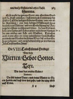Die VIII. Catechismus-Predigt/ Von dem Vierten Gebot Gottes.