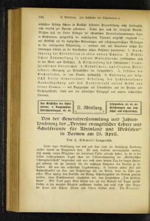 Von der Generalversammlung und Jahreskonferenz des "Vereins evangelischer Lehrer und Schulfreunde für Rheinland und Westfalen" in Barmen am 19. April