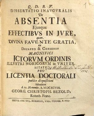 Dissertatio inauguralis de absentia, eiusque effectibus in iure
