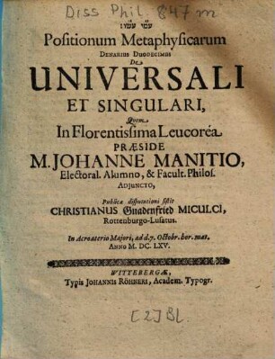 Positionum Metaphysicarum Denarius Duodecimus De Universali Et Singulari