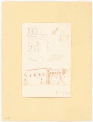 Palazzo della Ragione, Fano: Perspektivische Ansichten und Teil-Aufriss der Fassade