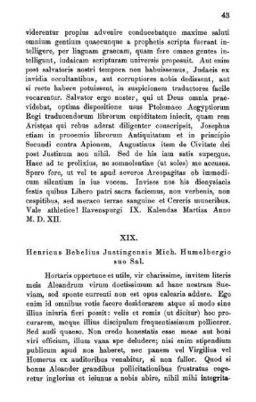XIX. Henricus Bebelius Justingensis Mich. Humelbergio suo Sal.