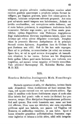 XIX. Henricus Bebelius Justingensis Mich. Humelbergio suo Sal.