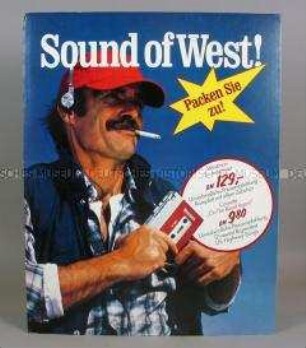 Werbeschild (beidseitig) mit Werbeaufdruck für "West "-Zigaretten, "Sound of West!"