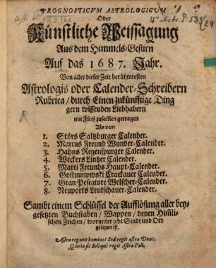 Prognosticum astrologicum : od. künstl. Weissagung a. d. Himmels-Gestirn auf d. 1687 Jahr