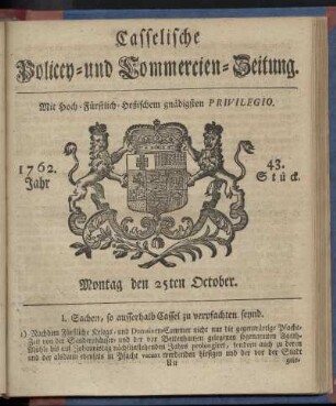 43. Stueck, Montag den 25ten October 1762