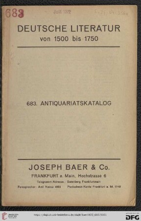 Nr. 683: Lagerkatalog / Josef Baer & Co., Frankfurt a.M.: Deutsche Literatur von 1500 bis 1750