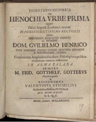 Dissertatio Historica De Henochia Urbe Prima