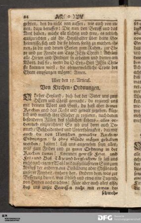 Uber den 15. Articul. Von Kirchen-Ordnungen.