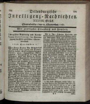 XXXVIII. Stück. Sonnabends: den 22. September 1781.