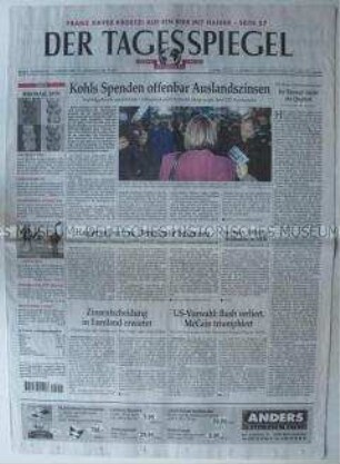 Berliner Tageszeitung "Der Tagesspiegel" mit Titelstory über den Finanzskandal der CDU