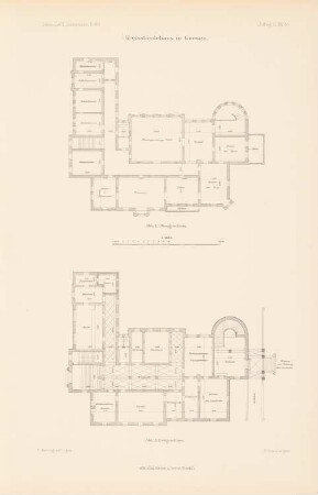 Kreisständehaus, Gnesen: Grundrisse EG, OG 1:225 (aus: Atlas zur Zeitschrift für Bauwesen, hrsg. v. Ministerium der öffentlichen Arbeiten, Jg. 50, 1900)