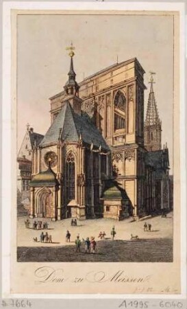 Der Dom auf dem Burgberg in Meißen von Südwesten mit Fürstenkapelle und "Schafstall" auf zweitem Turmgeschoss, dahinter der höckrige Turm