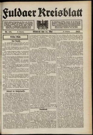 Erste Ausgabe vom Mittwoch, den 21. Mai 1913.