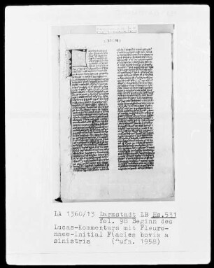 Nicolaus de Lyra, Evangelienkommentar — Initiale F(acies bovis a sinistris), Folio 98recto