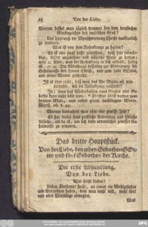 Das dritte Hauptstück. Von der Liebe, den zehen Gebothen Gottes und fünf Gebothen der Kirche.