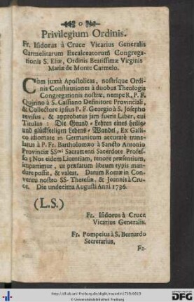 Privilegium Ordinis; Facultas Provincialis.