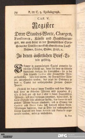 Cap. V. Register Derer Standes-Worte, Chargen, Functionen, Künste und Handthierungen...