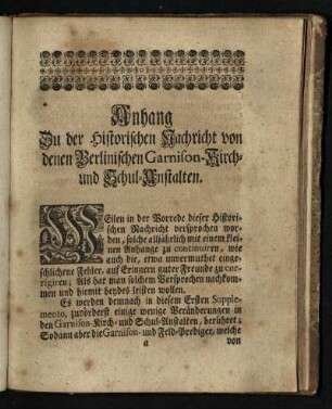 Anhang: Zu der Historischen Nachricht von denen Berlinischen Garnison- Kirch- und Schulanstalten