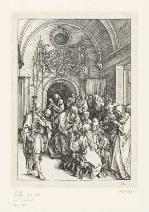 Beschneidung Christi, Blatt 11 aus: Albrecht Dürer, "Epitome in Divae Parthenices Mariae Historiam ab Alberto Durero Norico per figuras digestam cum versibus annexis Chelidonii", Nürnberg 1511, S. Biij