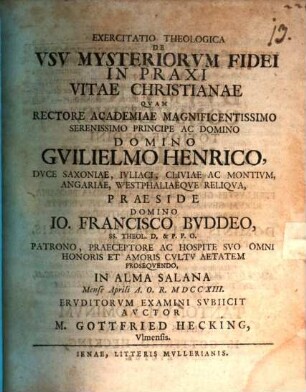 Exercitatio Theologica De Vsv Mysteriorvm Fidei In Praxi Vitae Christianae