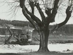 Berggießhübel. Wiederherstellung des Flussbettes der Gottleuba mit einem Dampfbagger nach der Unwetterkatastrophe am 8./9. Juli 1927