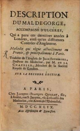 Description du mal de gorge, accompagné d'ulcères
