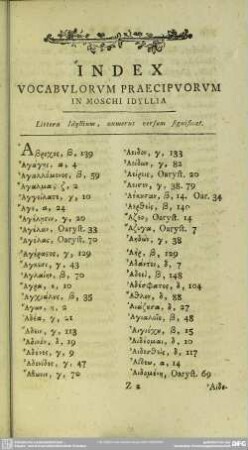 Index Vocabvlorvm Praecipvorvm In Moschi Idyllia