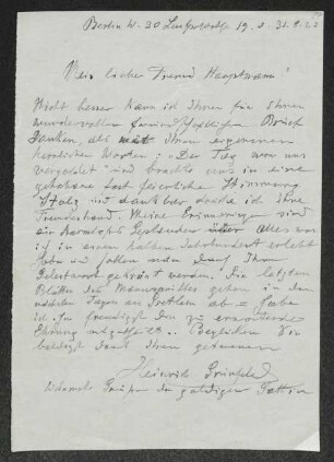 Brief von Heinrich Grünfeld an Gerhart Hauptmann