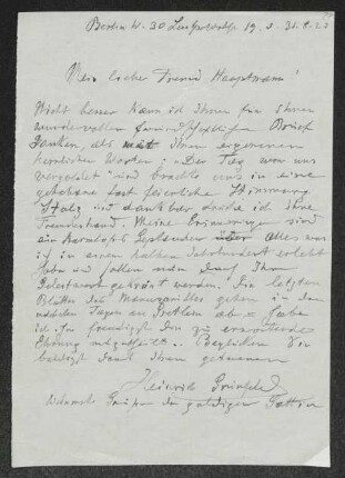 Brief von Heinrich Grünfeld an Gerhart Hauptmann